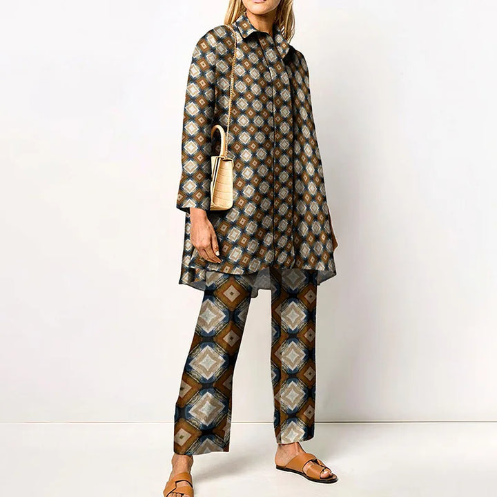 Martha | Women's Vintage Blouse and Pants Set  - Size:XS;Color:Brown