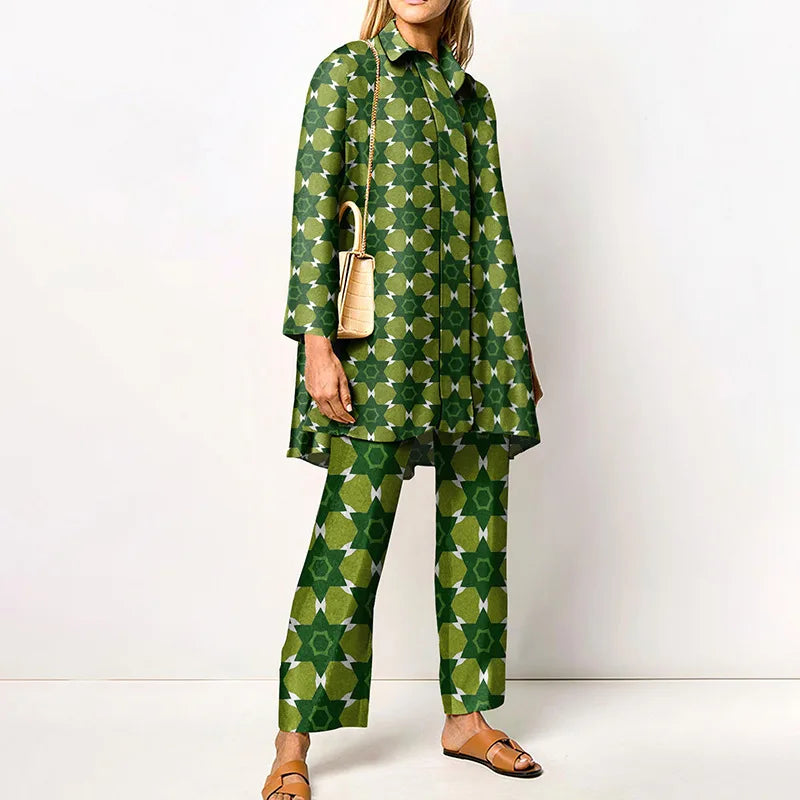 Martha | Women's Vintage Blouse and Pants Set  - Size:XS;Color:Green Geometric