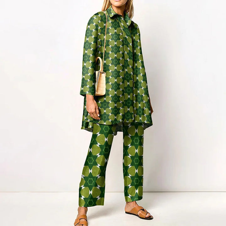 Martha | Women's Vintage Blouse and Pants Set  - Size:XS;Color:Green Geometric