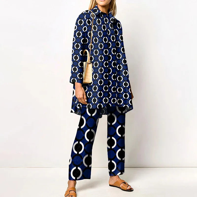 Martha | Women's Vintage Blouse and Pants Set  - Size:XS;Color:Marine Blue
