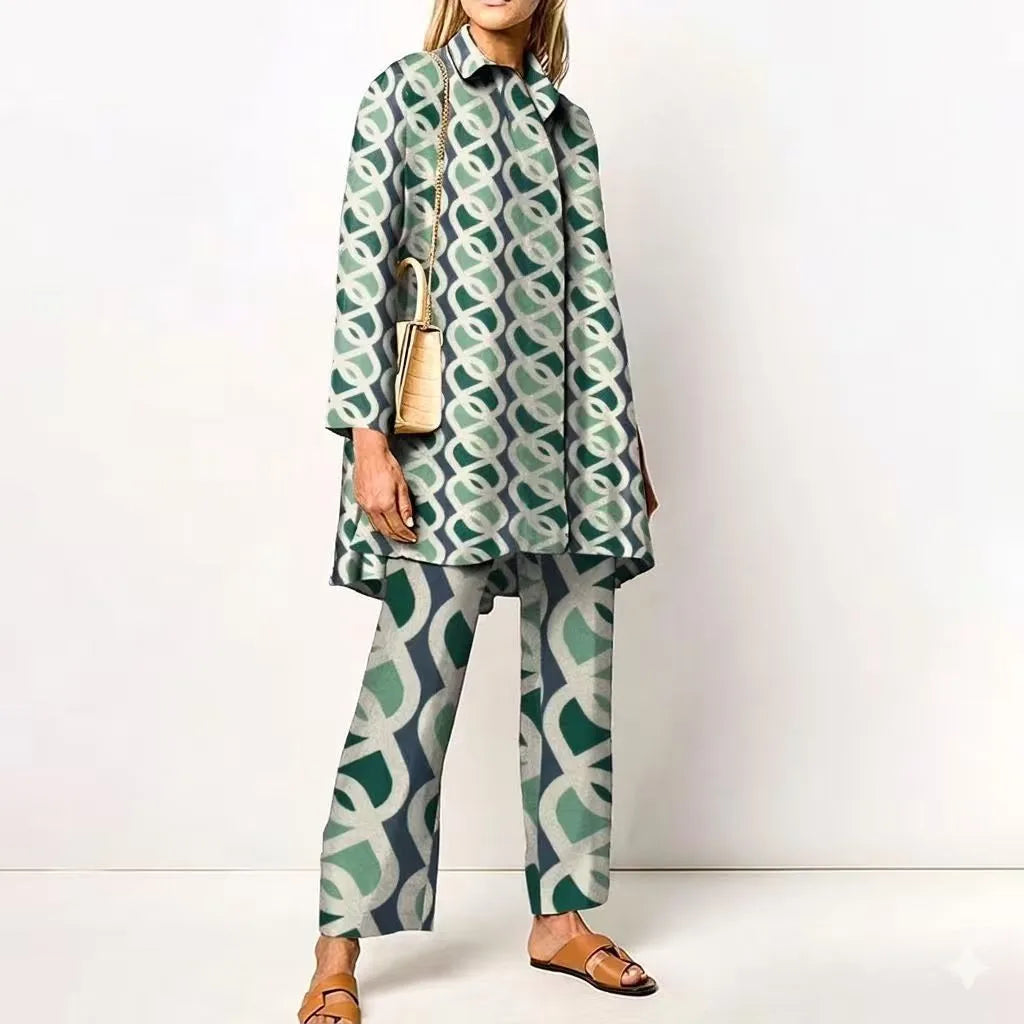 Martha | Women's Vintage Blouse and Pants Set  - Size:XS;Color:Sage Green Geometric