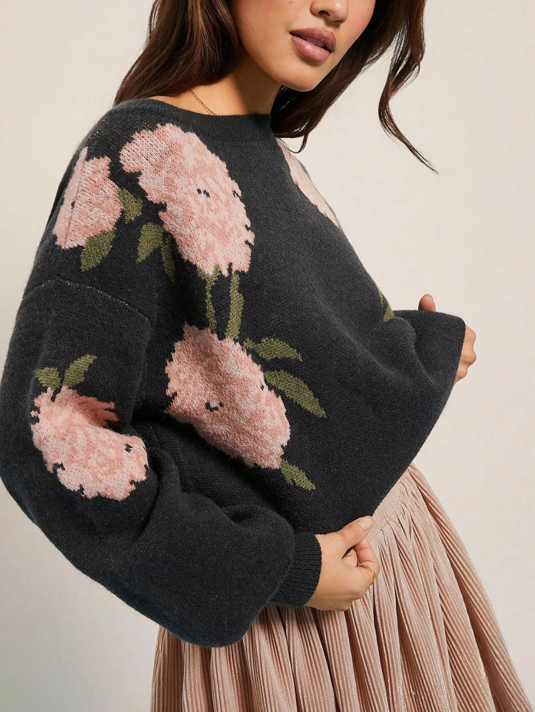 Martina | Women's Soft Knit Floral Sweater - Color:Black;Size:XS