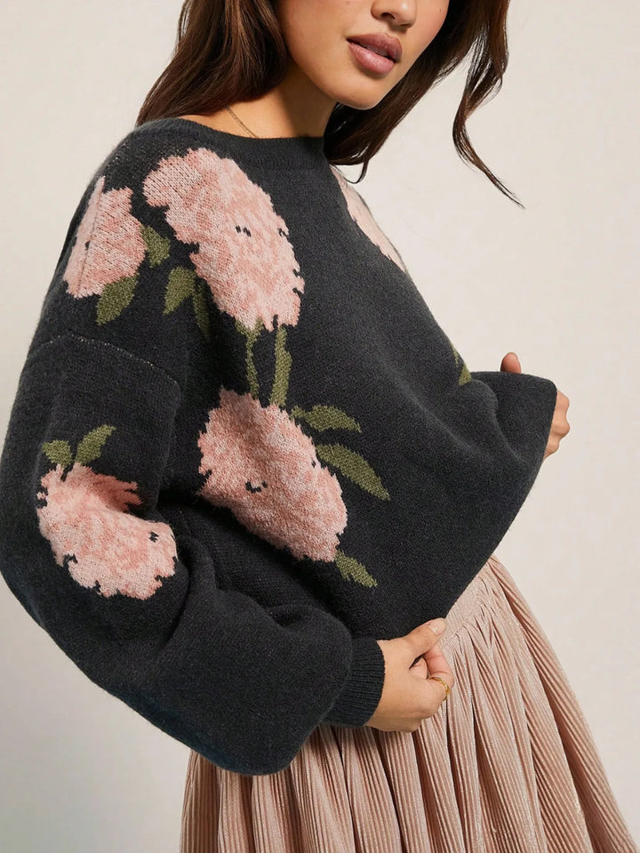 Martina | Women's Soft Knit Floral Sweater - Color:Black;Size:XS