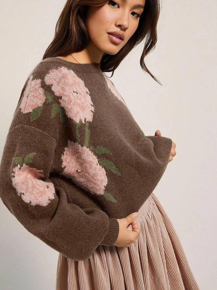 Martina | Women's Soft Knit Floral Sweater - Color:Brown with Pink Flowers;Size:XS