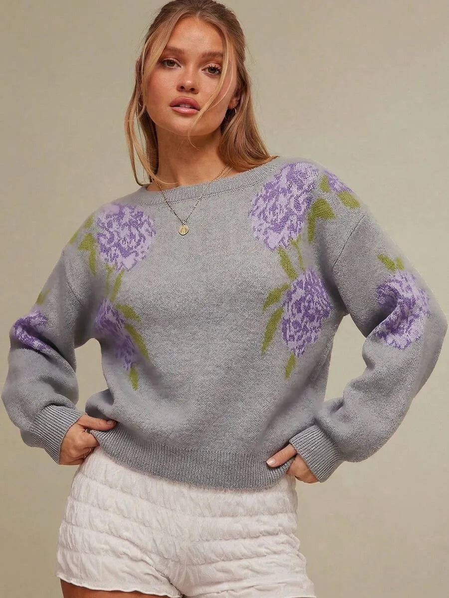 Martina | Women's Soft Knit Floral Sweater - Gray