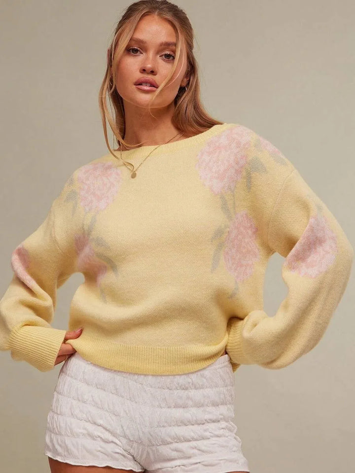 Martina | Women's Soft Knit Floral Sweater - Color:Yellow;Size:XS