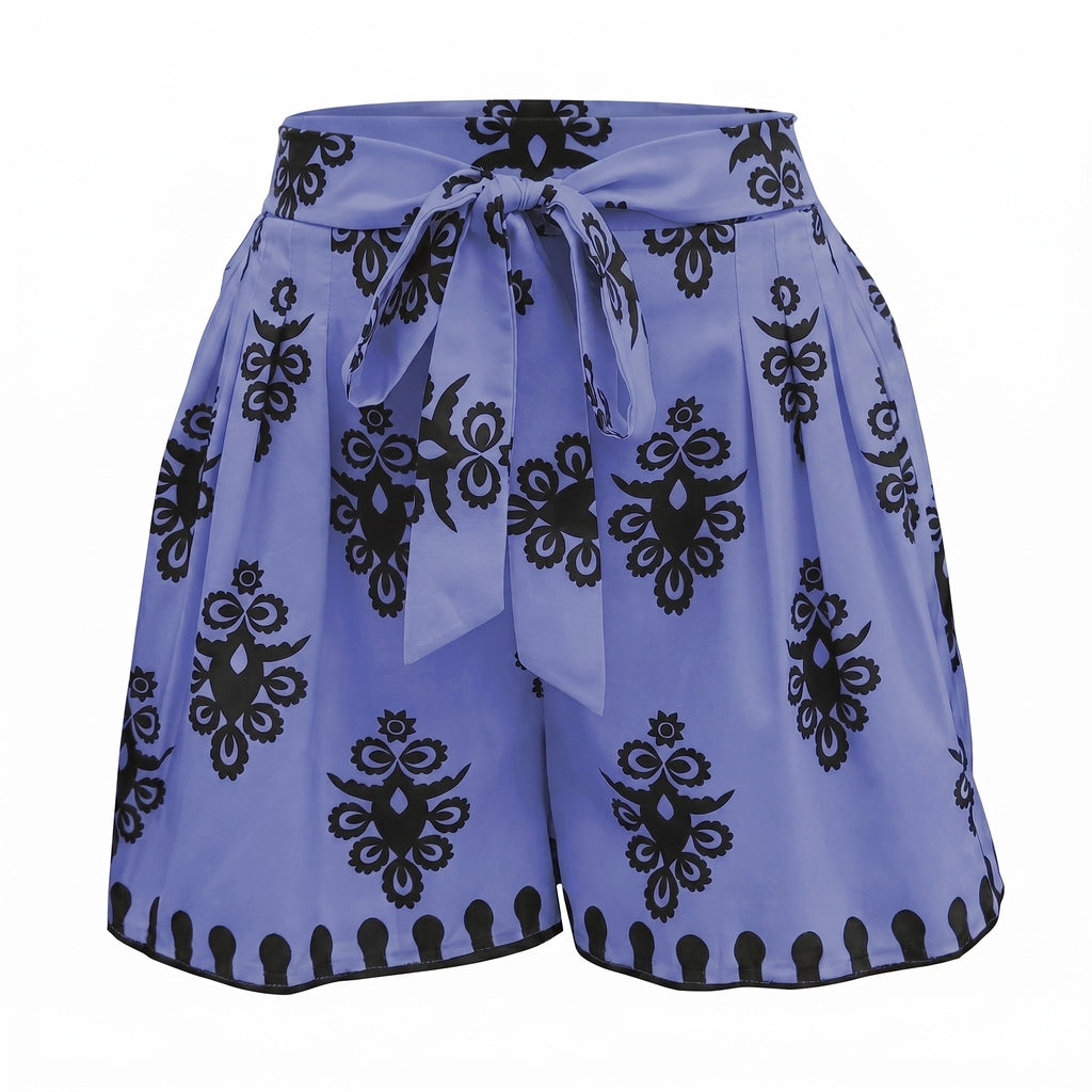Maya Printed Belted Shorts - Color:Blue;Size:XS