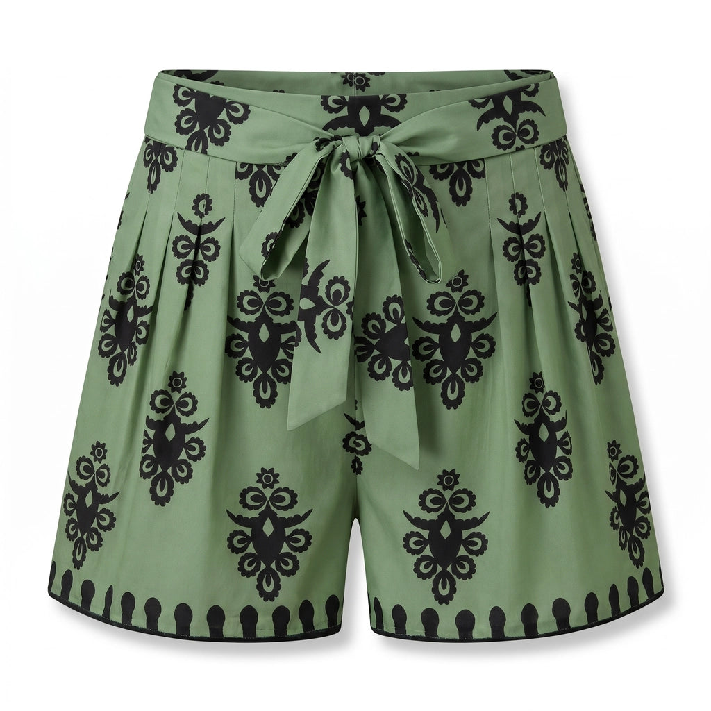 Maya Printed Belted Shorts - Color:Green;Size:XS