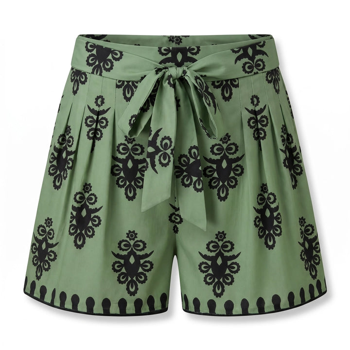 Maya Printed Belted Shorts - Color:Green;Size:XS