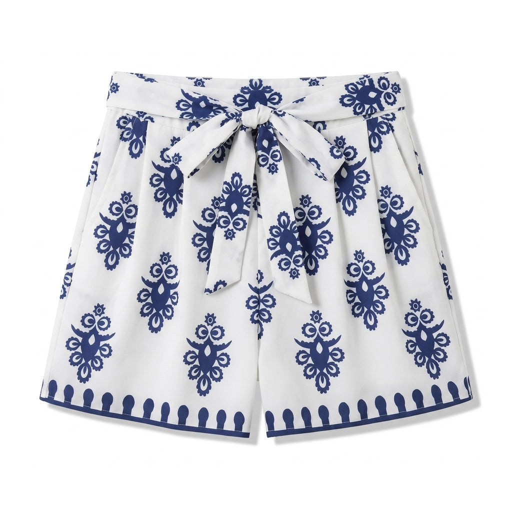 Maya Printed Belted Shorts - Color:Light blue;Size:XS