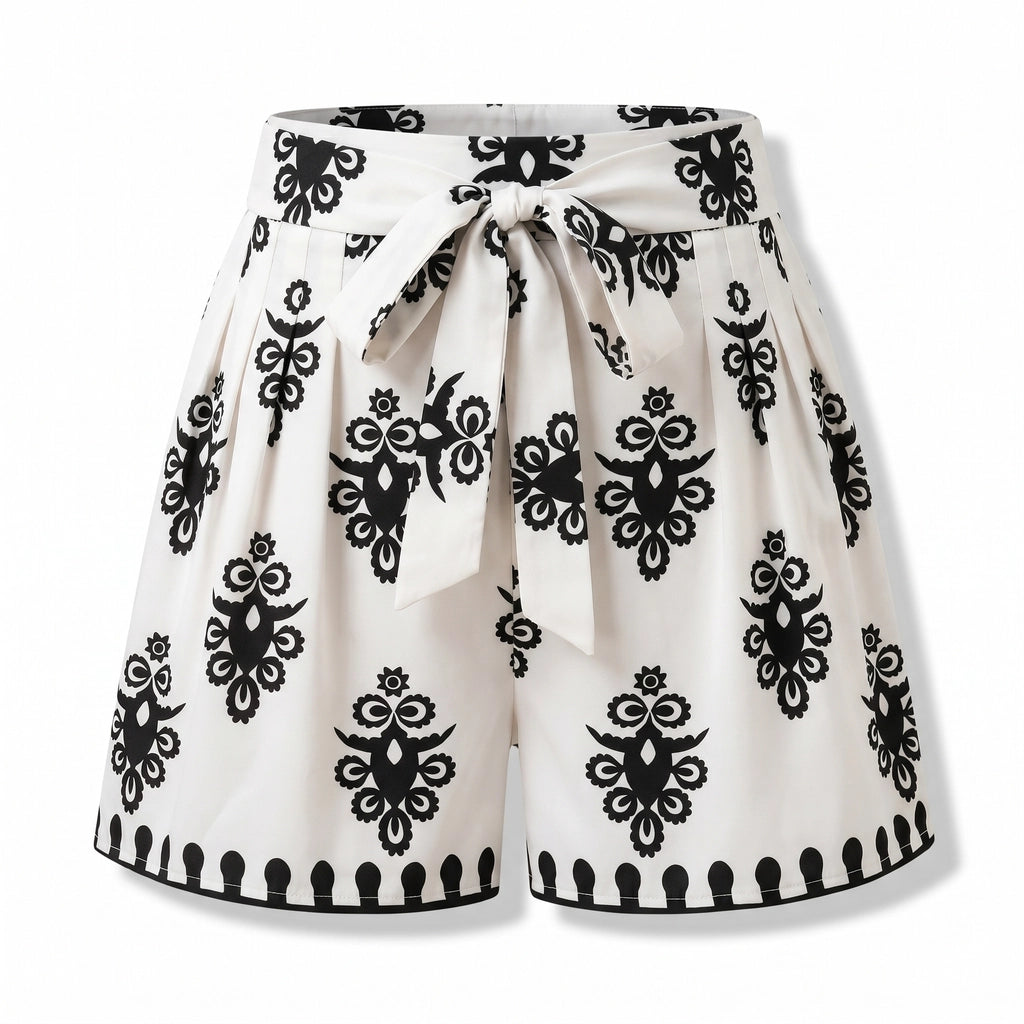 Maya Printed Belted Shorts - Color:White;Size:XS