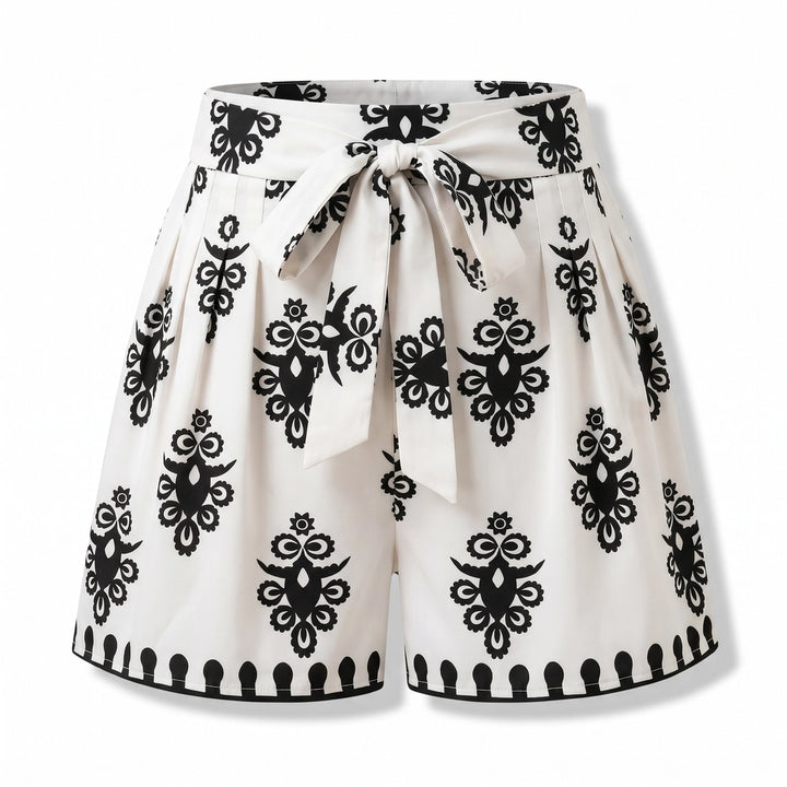 Maya Printed Belted Shorts - Color:White;Size:XS