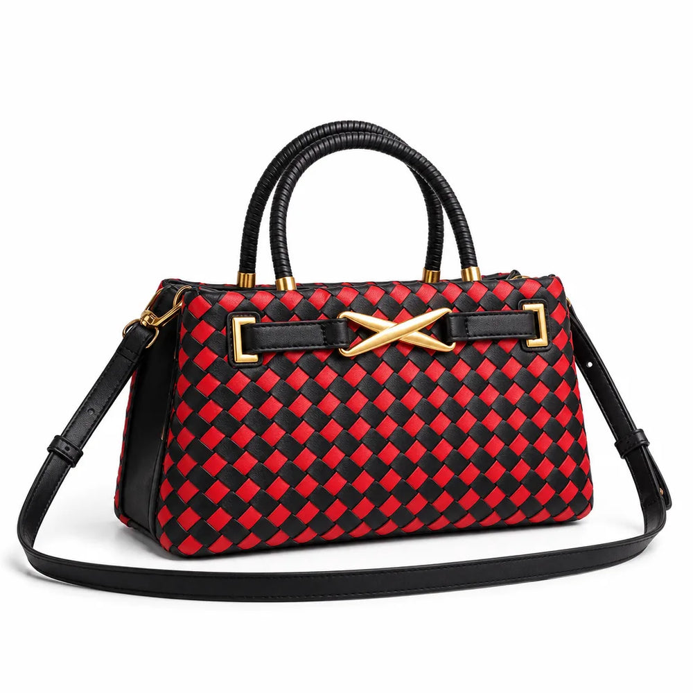Women's Black and Red Check Harrington Woven Shoulder Bag