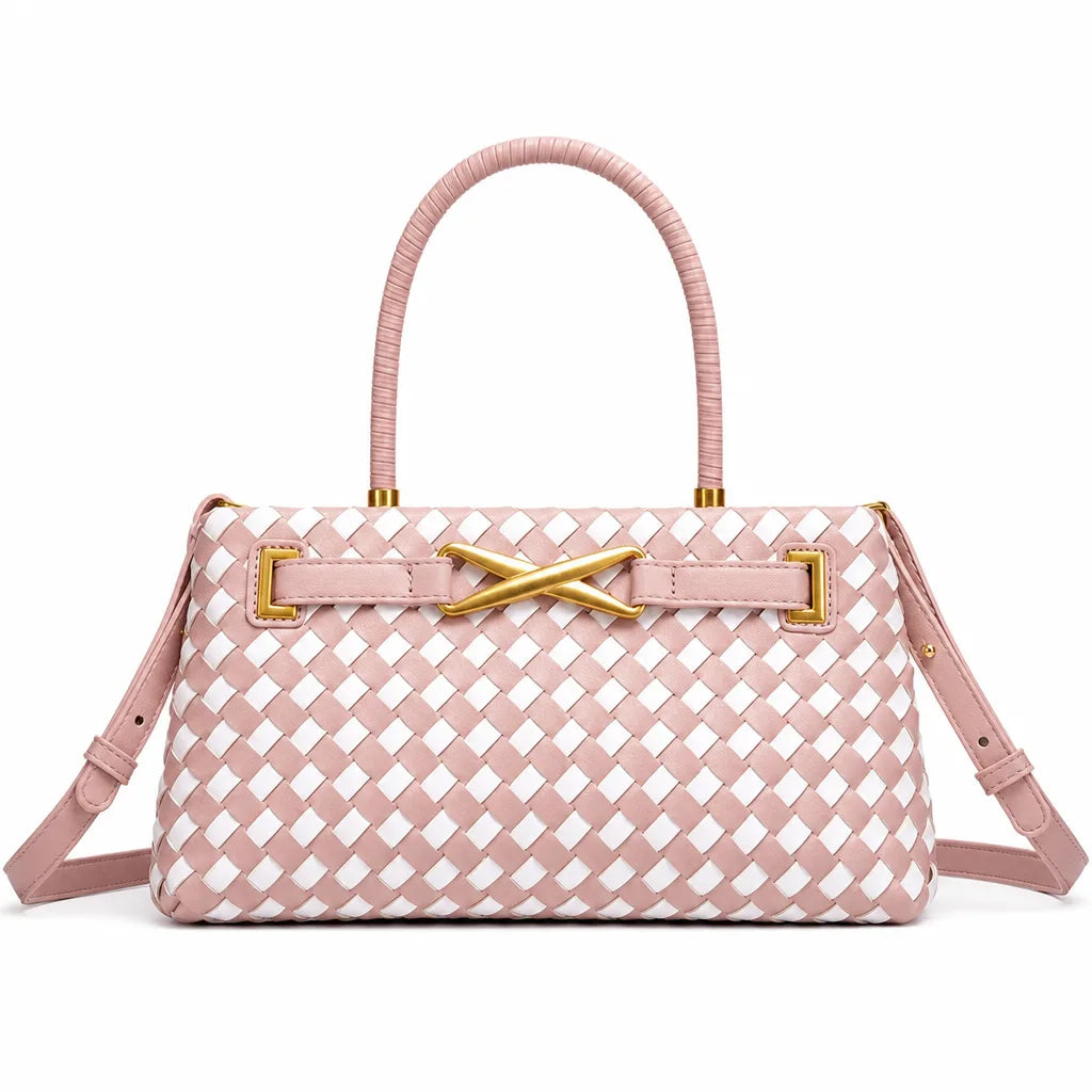 Maya Woven Shoulder Bag - Color:Pink/White;Size:11" × 4" × 6"