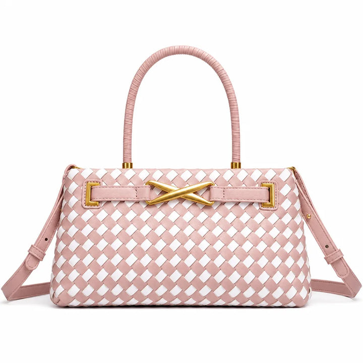 Maya Woven Shoulder Bag - Color:Pink/White;Size:11" × 4" × 6"
