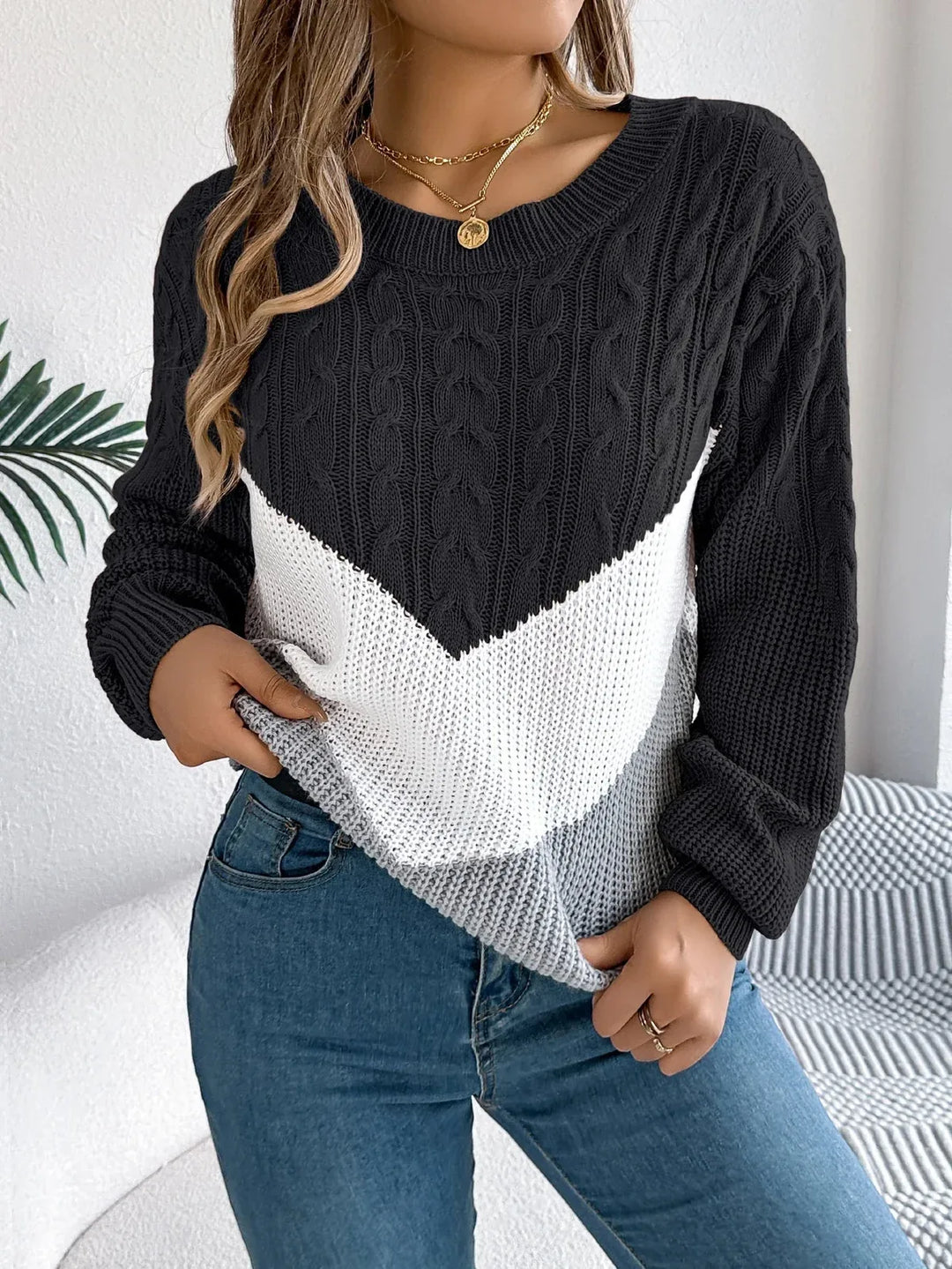 Mckenna | Women's Cable Knit Sweater - Color:Black;Size:S