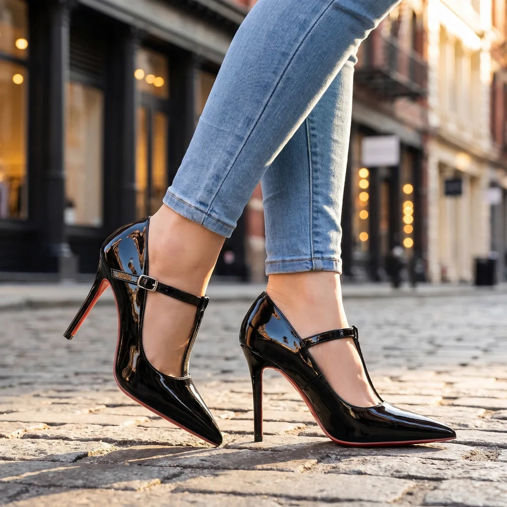 Women's Black Navarro T-Strap Pumps