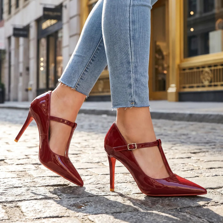 Women's Burgundy Navarro T-Strap Pumps
