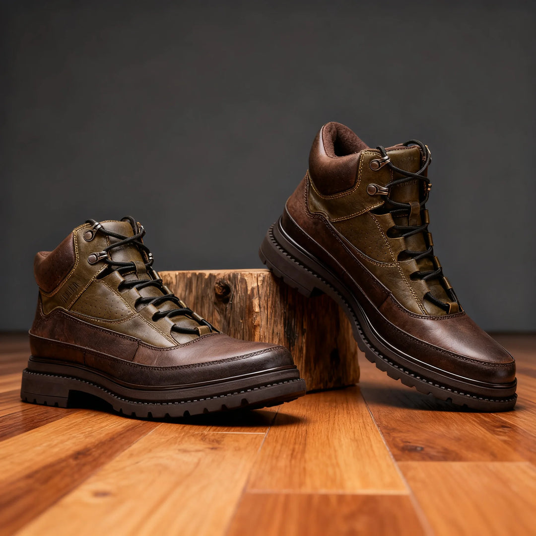Montana Hiker Leather Ankle Boots - Color:Brown and Khaki;Size:US 7