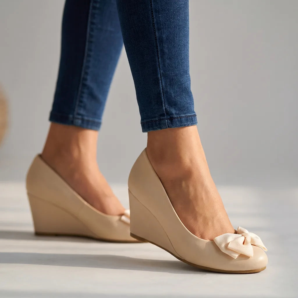 Nadine | Women's Bow Wedge Shoes  - Color:Beige;Size:35