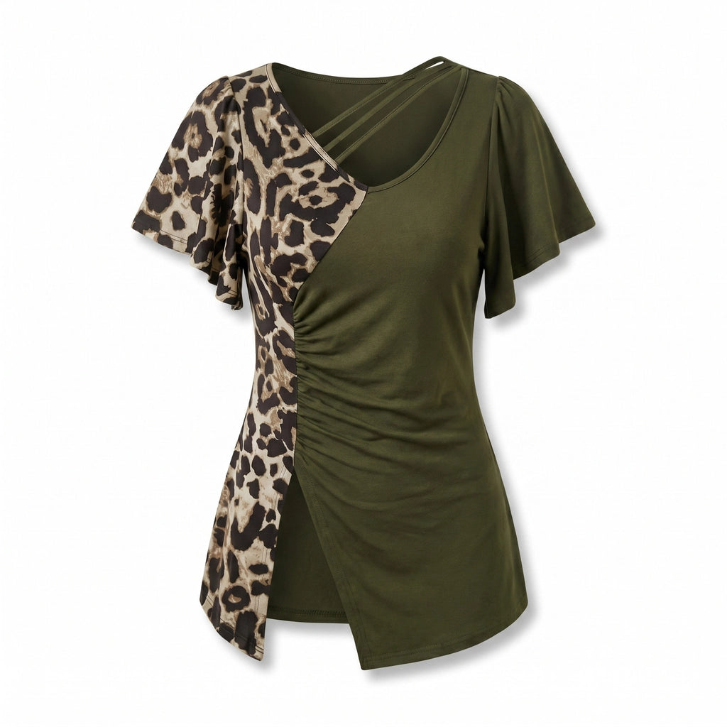 Natalia Leopard Flutter Top - Color:Army Green;Size:XS