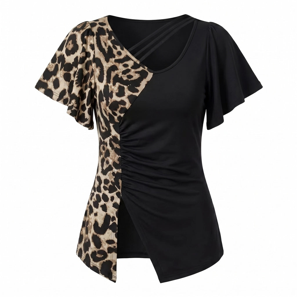 Natalia Leopard Flutter Top - Color:Black;Size:XS