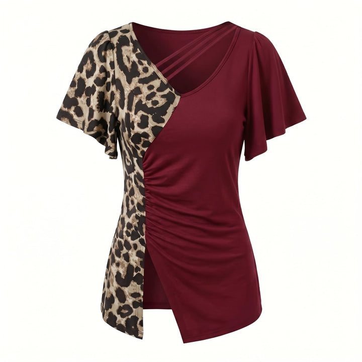 Natalia Leopard Flutter Top - Color:Burgundy;Size:XS