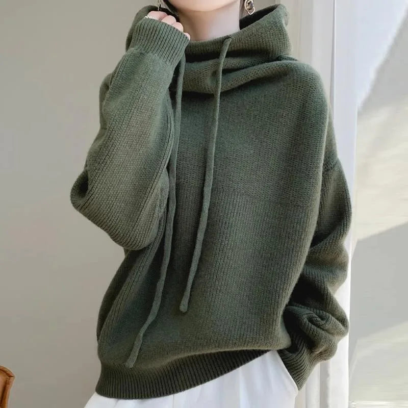 Natalia | Women's Soft Knit Cowl Neck Hoodie  - Color:Green;Size:XS