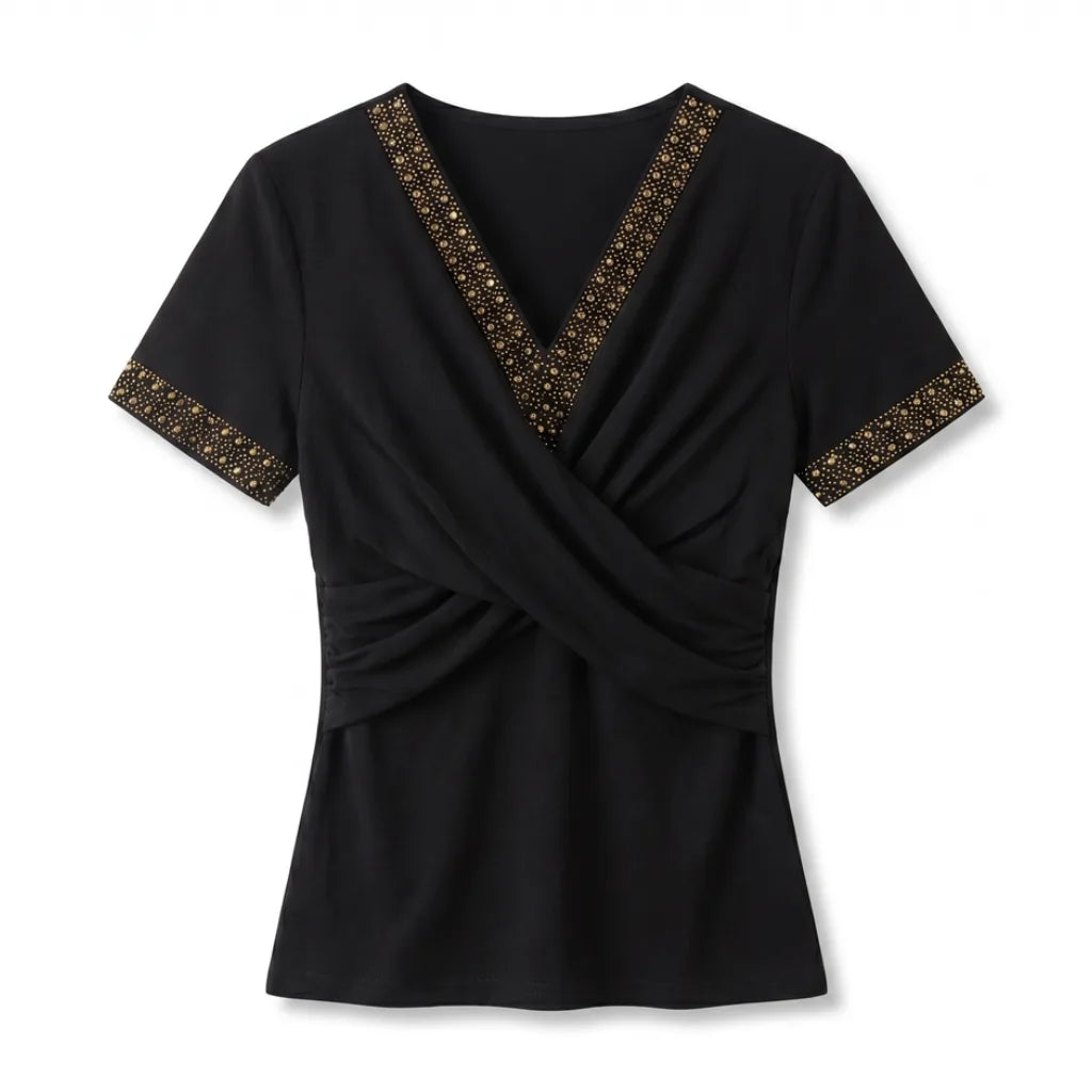 Neha V-Neck Tee - Color:Gold;Size:XS