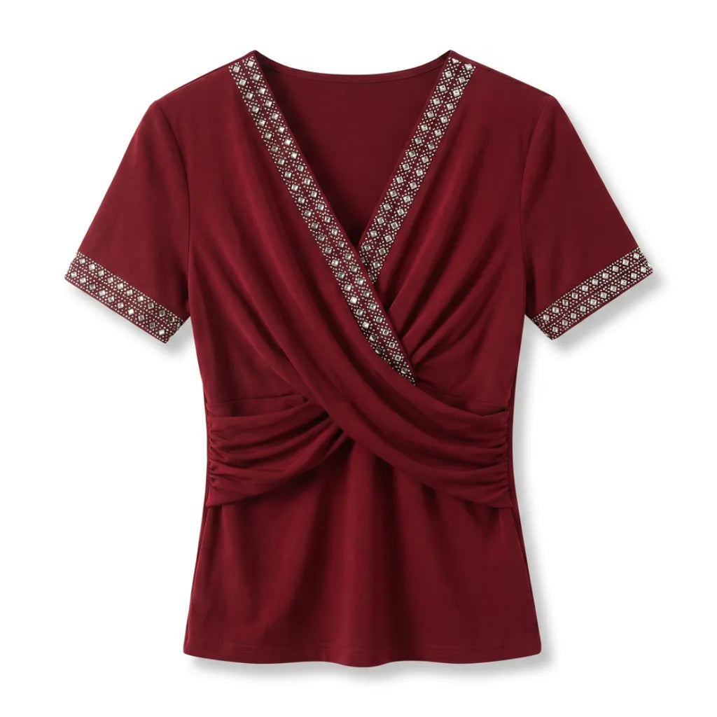 Neha V-Neck Tee - Color:Red;Size:XS