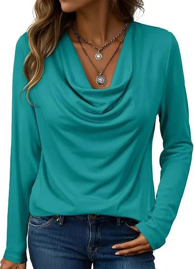 Nettie | Women's Elegant Long Sleeve Blouse - Size:XS;Color:Peacock Green