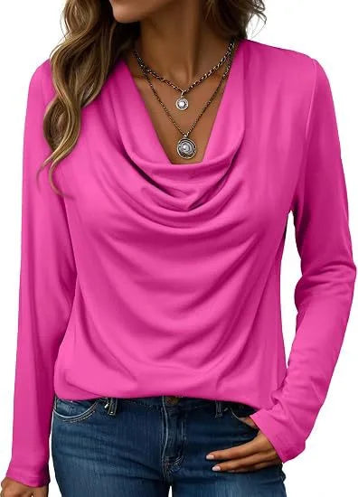 Nettie | Women's Elegant Long Sleeve Blouse - Size:XS;Color:Rose Red