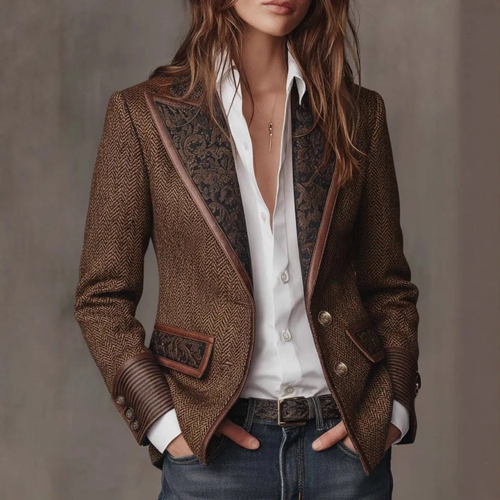 Neve | Women's Herringbone Vintage Blazer  - Color:Brown;Size:XXS