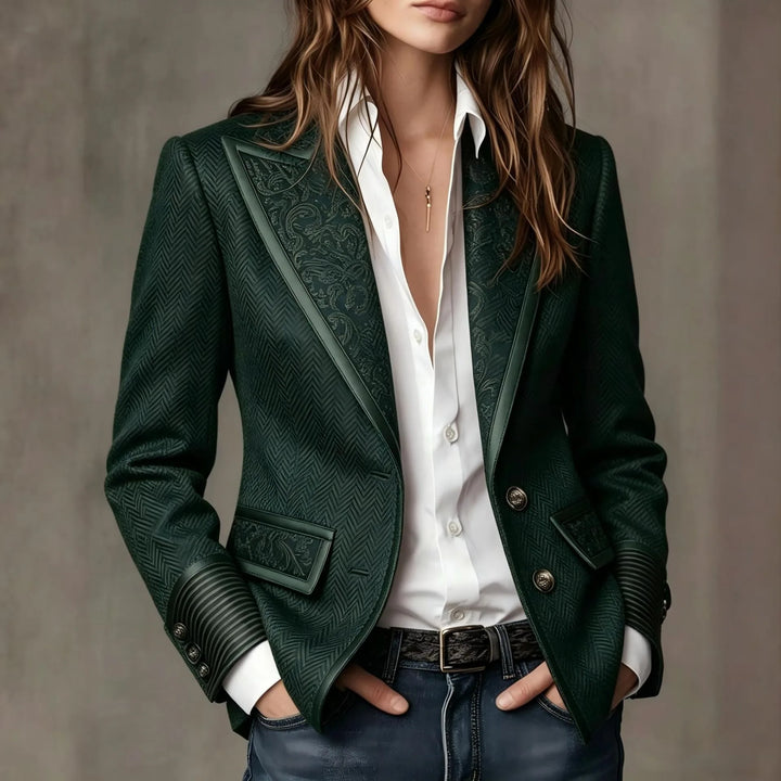 Neve | Women's Herringbone Vintage Blazer  - Color:Green;Size:XXS