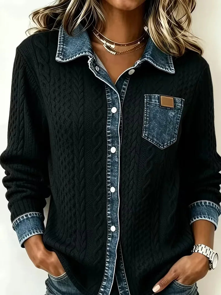 Nina | Women's Denim-Look Cable-Knit Cardigan  - Size:XS;Color:Black