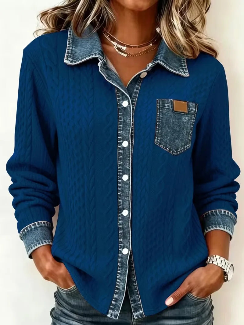 Nina | Women's Denim-Look Cable-Knit Cardigan  - Size:XS;Color:Blue