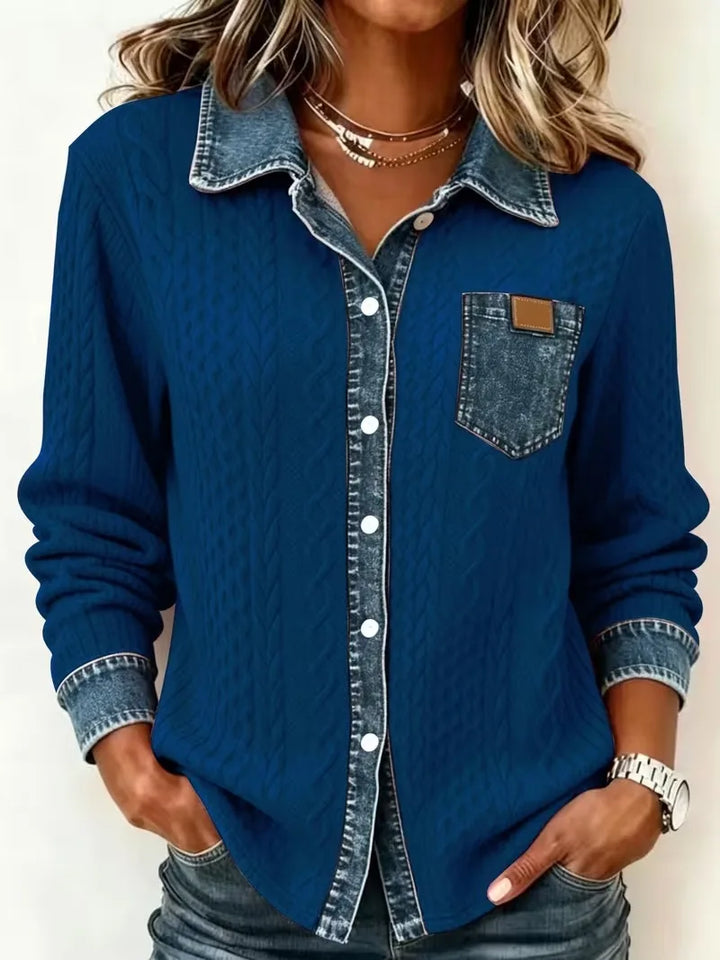 Nina | Women's Denim-Look Cable-Knit Cardigan  - Size:XS;Color:Blue