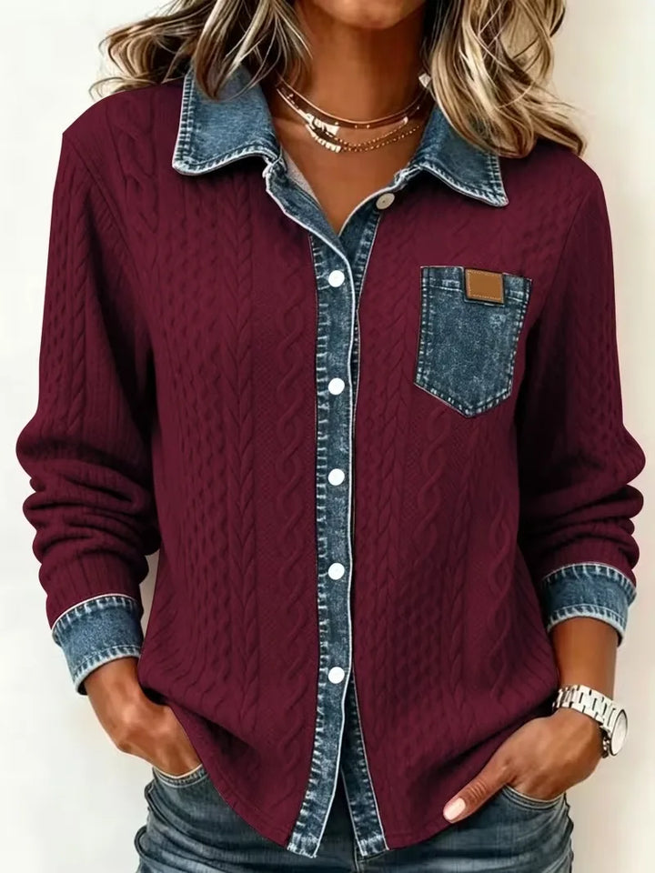 Nina | Women's Denim-Look Cable-Knit Cardigan  - Size:XS;Color:Burgundy