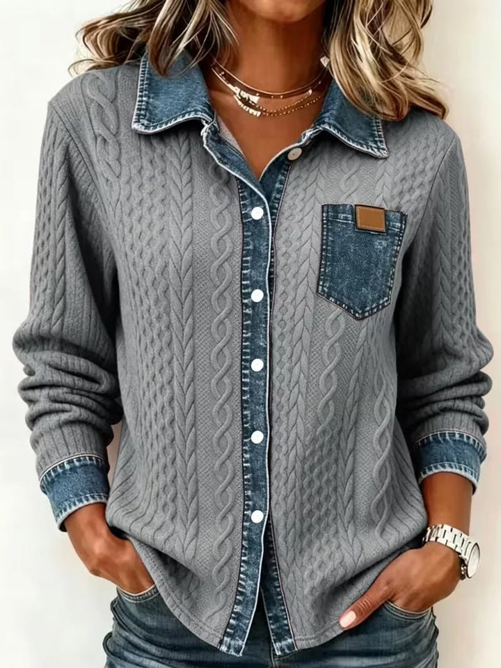 Nina | Women's Denim-Look Cable-Knit Cardigan  - Size:XS;Color:Grey