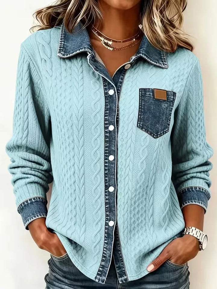 Nina | Women's Denim-Look Cable-Knit Cardigan  - Size:XS;Color:Light Blue