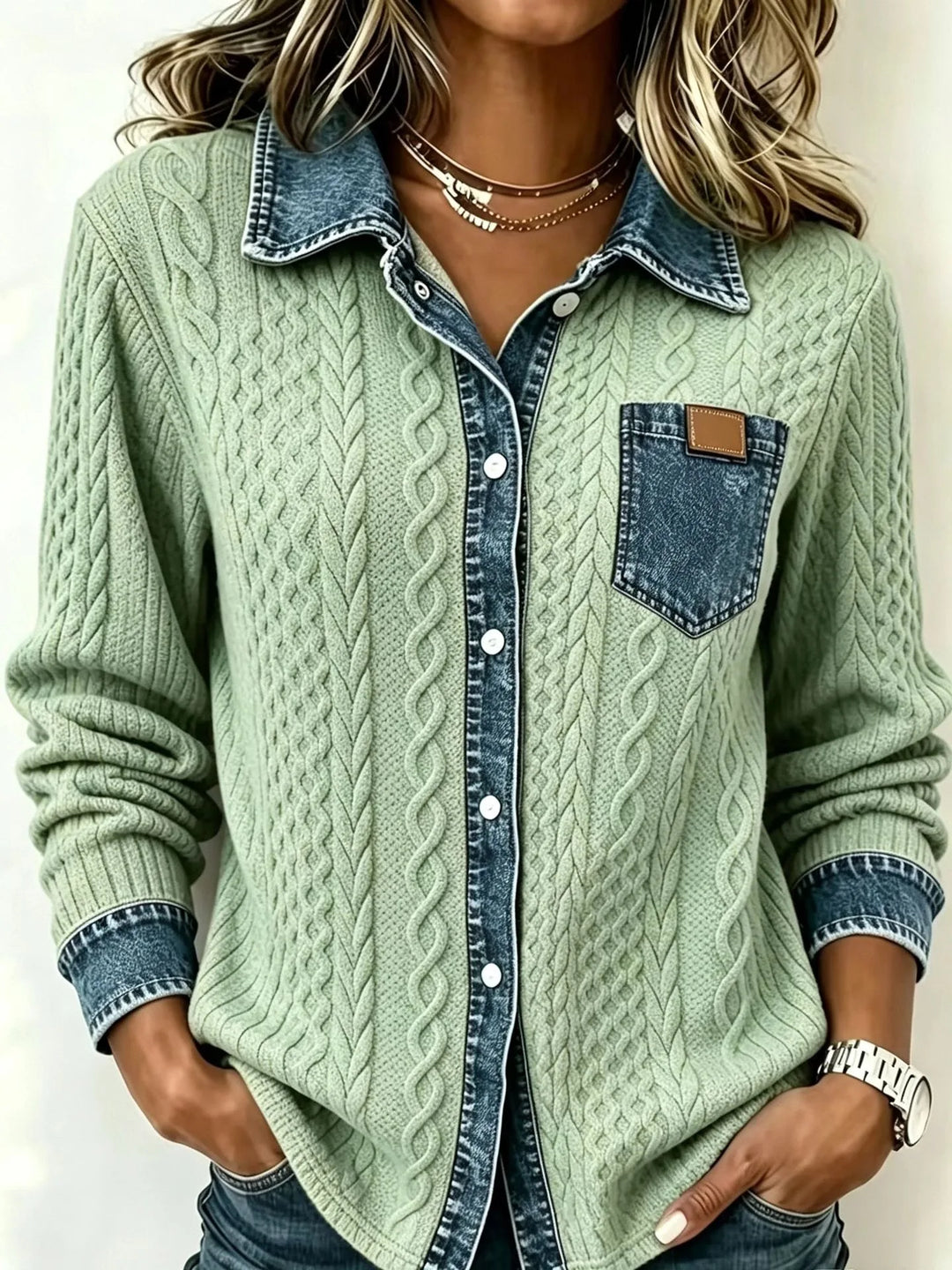 Nina | Women's Denim-Look Cable-Knit Cardigan  - Size:XS;Color:Olive Green