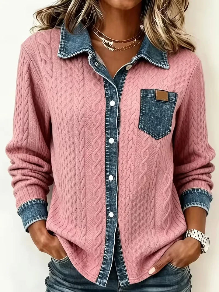 Nina | Women's Denim-Look Cable-Knit Cardigan  - Size:XS;Color:Pink