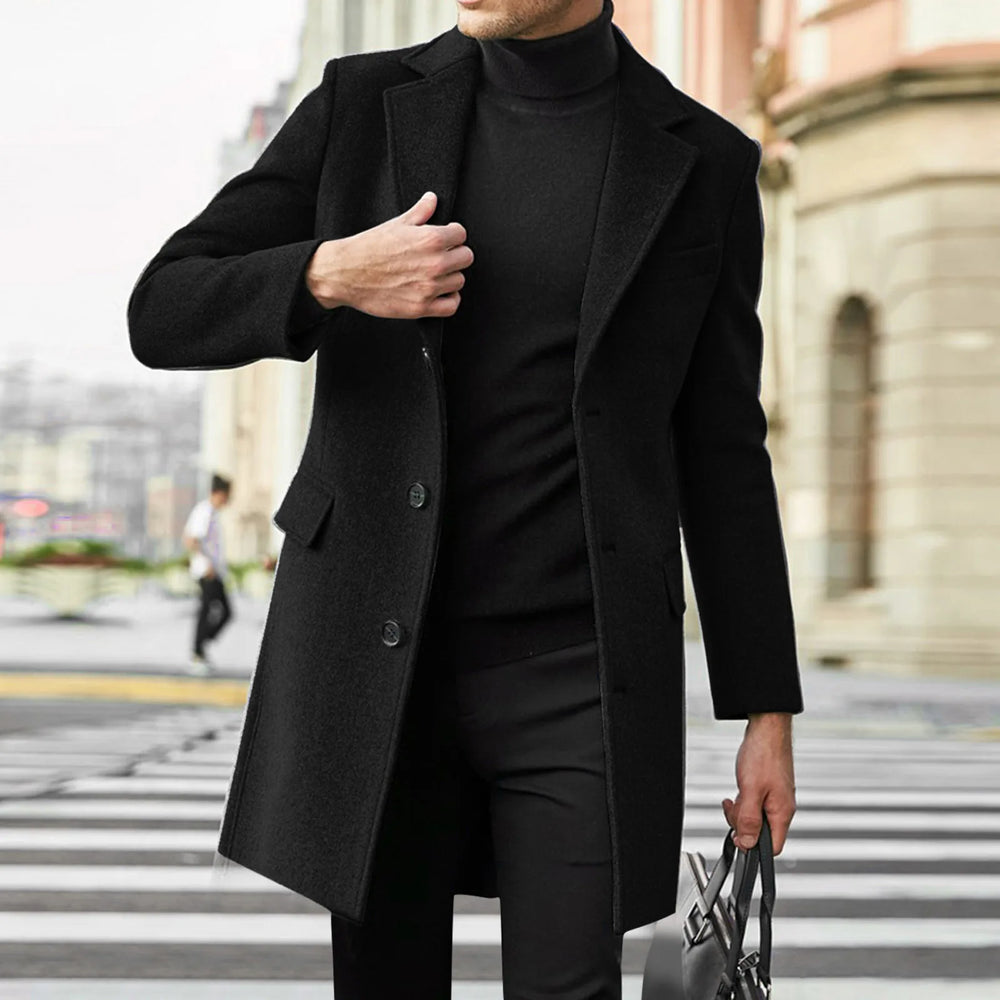 Nolan | Men's Notch-Collar Tailored Trench Overcoat  - Color:Black;Size:XS