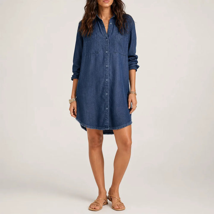 Norma Fringed Shirt Dress - Color:Dark Blue;Size:XS