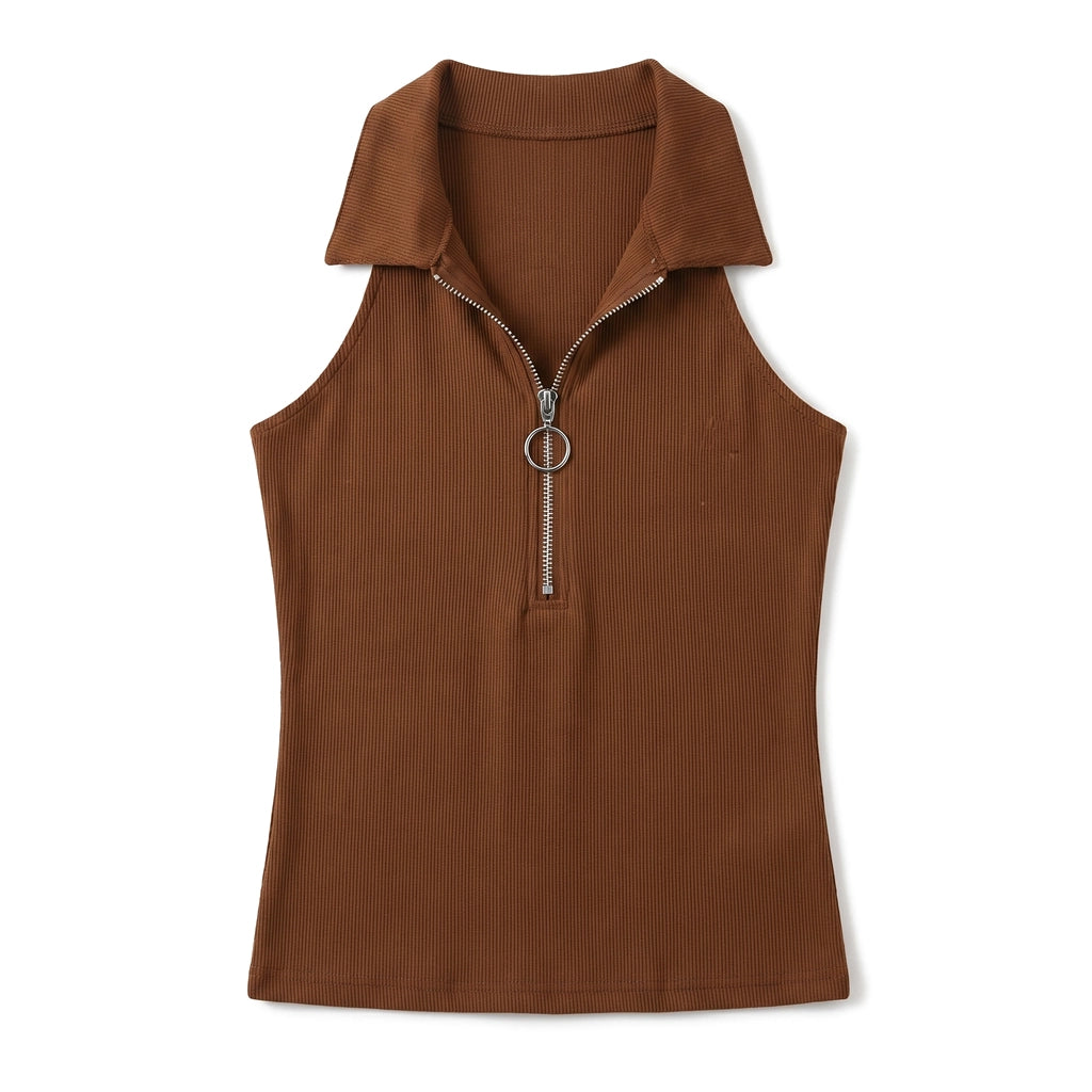 Nova Ribbed Zip-Up Vest - Color:Brown;Size:XS