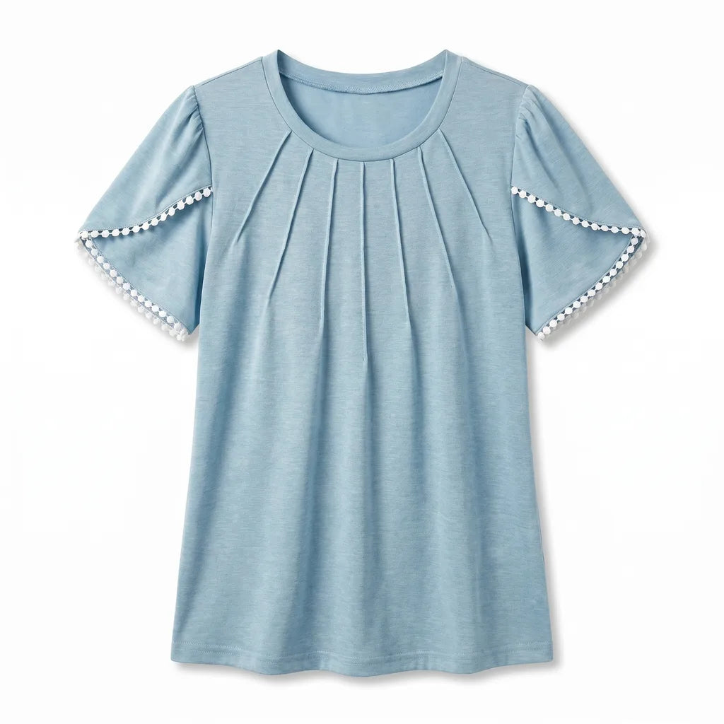 Nyah Pleated Lace Top - Color:Blue;Size:XS