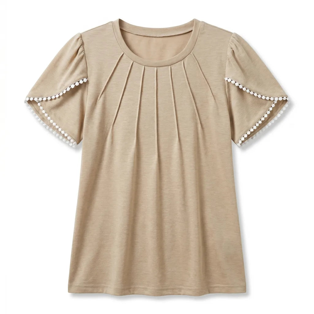 Nyah Pleated Lace Top - Color:Khaki;Size:XS