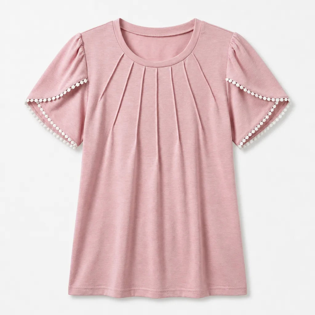 Nyah Pleated Lace Top - Color:Pink;Size:XS