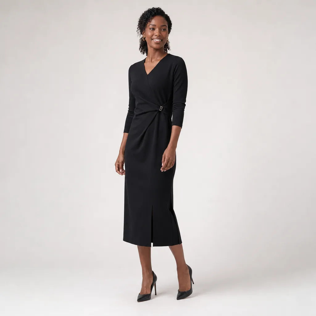 Black Odette V-Neck Midi Dress 1