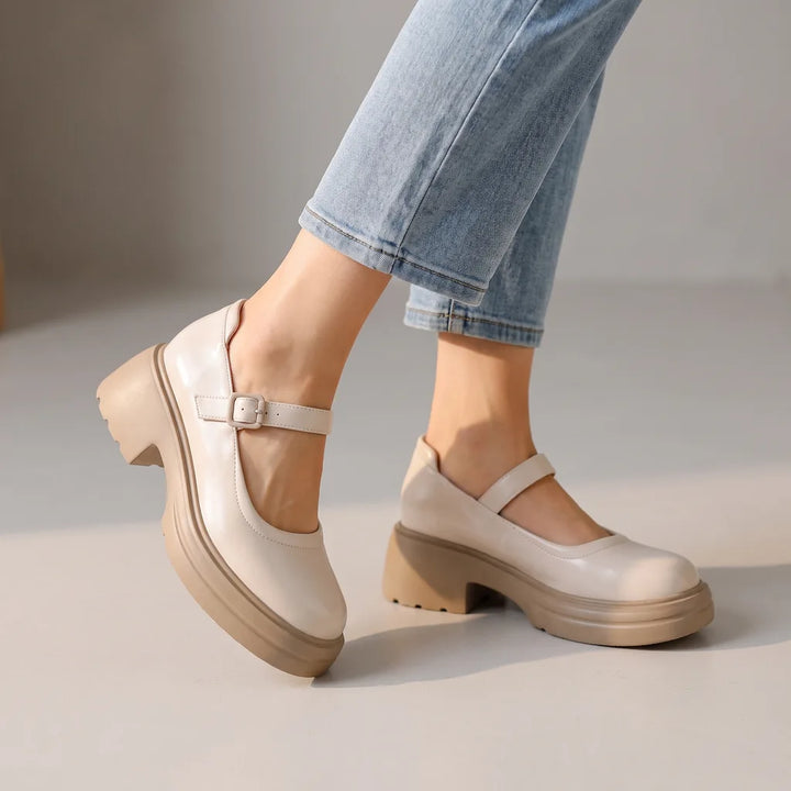 Olivia | Womens Platform Mary Jane Shoes - Color:Beige;Size:35
